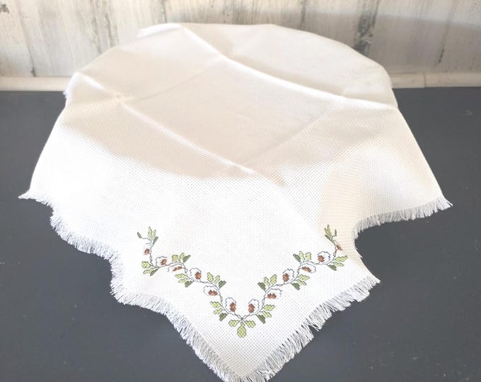Handstitched Cross Stitch Bread Cover- White with White Flowers on Green Vine