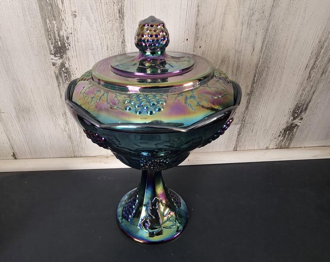 1970's Indiana Glass Blue Carnival Glass Lidded Candy Dish