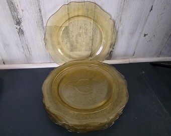Set of 8 Vintage Clear Amber Yellow Depression Glass Plates, Madrid Pattern
