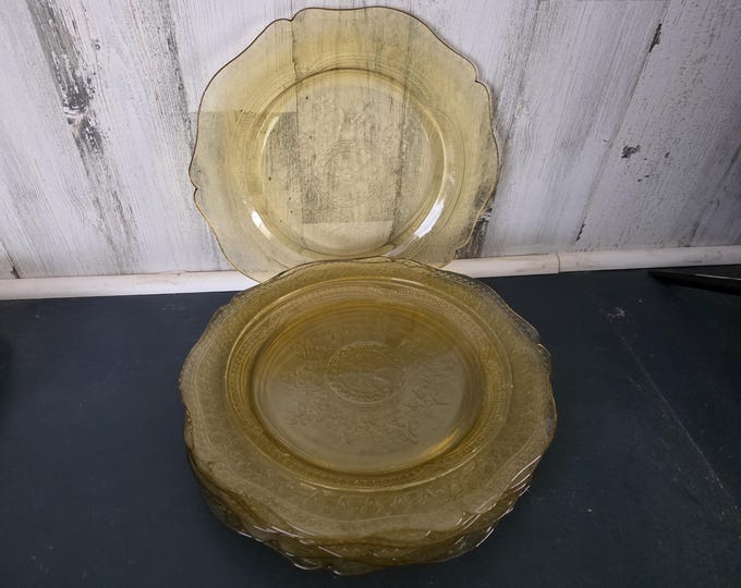 Set of 8 Vintage Clear Amber Yellow Depression Glass Plates, Madrid Pattern