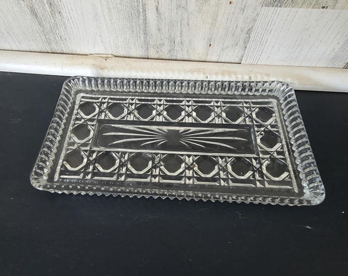 Vintage Federal Glass Windsor Button and Cane Pattern Glass Relish Vanity Small Items Tray