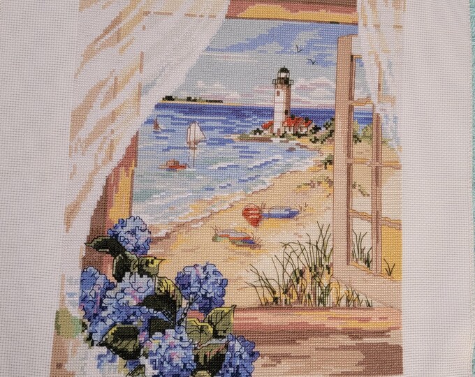 Joy Sunday Cross Stitch Sea View Outside Window Beach Scene Lighthouse F646