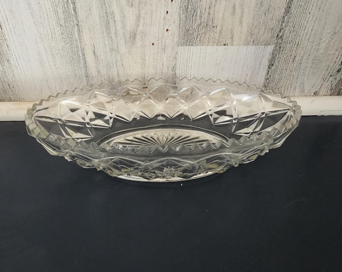 Diamond Block Pressed Glass Oval Pickle Relish Dish