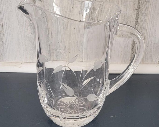 Etched Cut Glass Milk Pitcher: Lead Crystal Floral Design