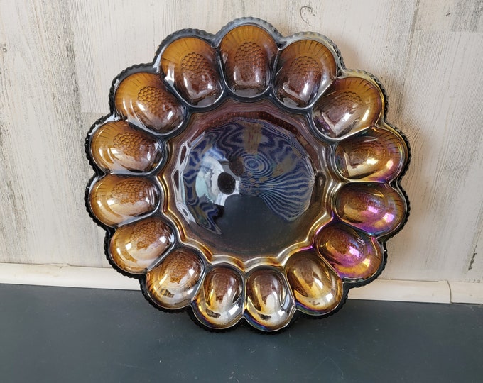 Amber Iridescent Indiana Glass Egg Platter