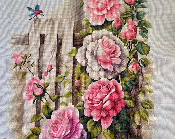 Finished Roses on a Gate and Hummingbirds Cross Stitch Piece