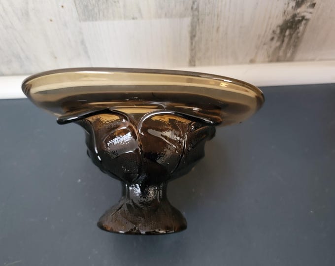 Mid-Century Modern Amber Glass Compote with Leaf Pedestal Base