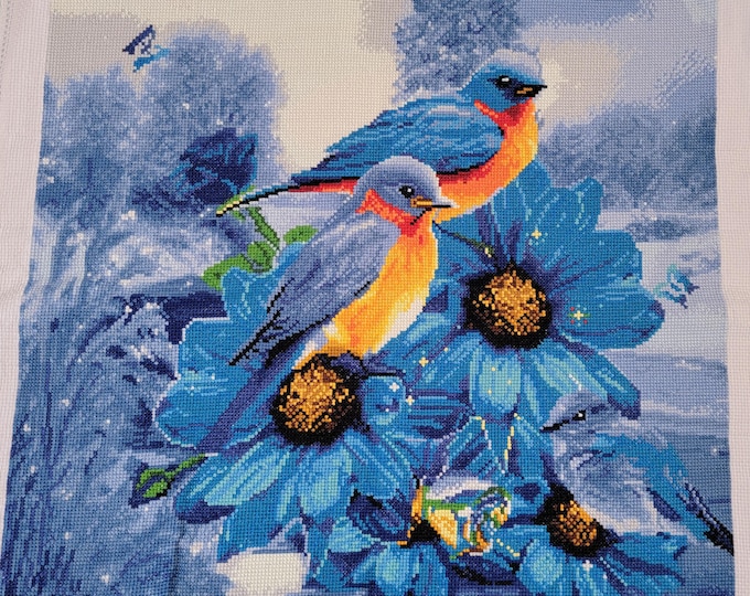 Finished Blue Birds Blue Flowers Cross Stitch Piece