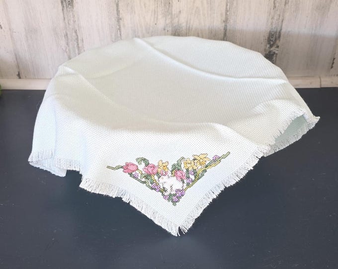 Handstitched Cross Stitch Bread Cover- White with Bunny Design