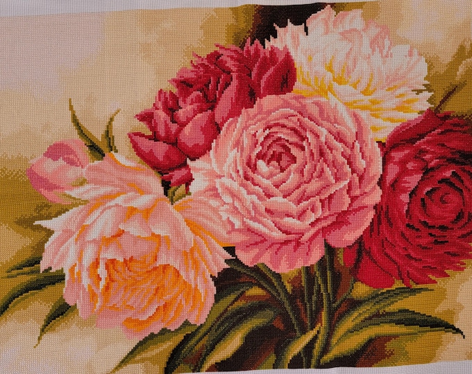 Finished Large Peonies Cross Stitch Piece