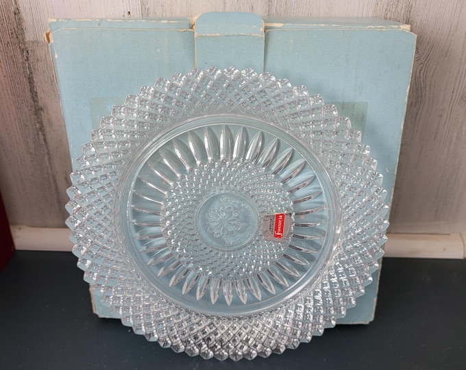 Complete Set of 4 Avon 92nd Anniversary Fostoria Lead Crystal Plates w Labels on Each Plate