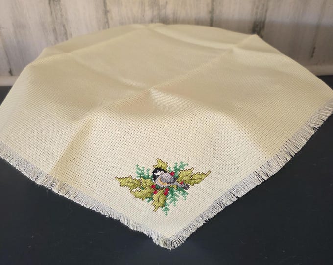 Handstitched Cross Stitch Bread Cover- Ivory with Bird on Holly