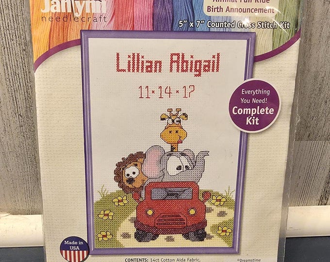 Animal Fun Ride Birth Announcement Counted Cross Stitch Kit by Janlynn