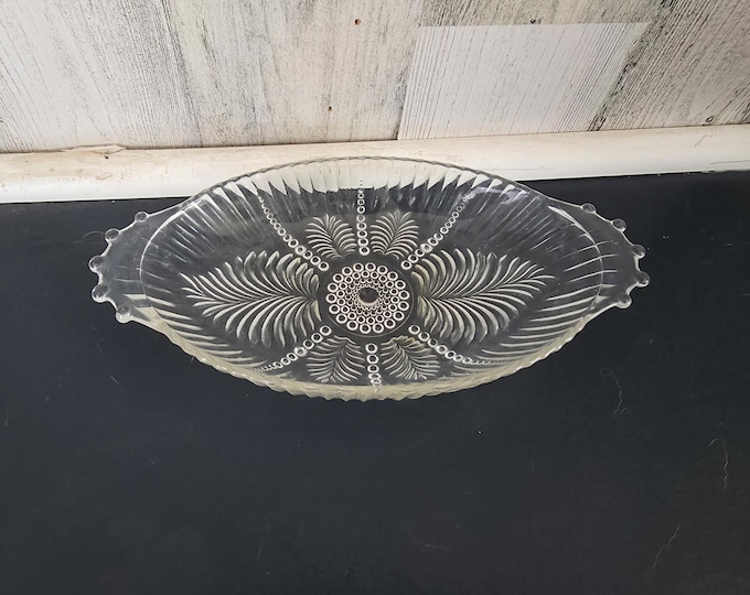 Vintage Anchor Hocking Feather and Pearl Pressed Glass Relish Pickle Dish