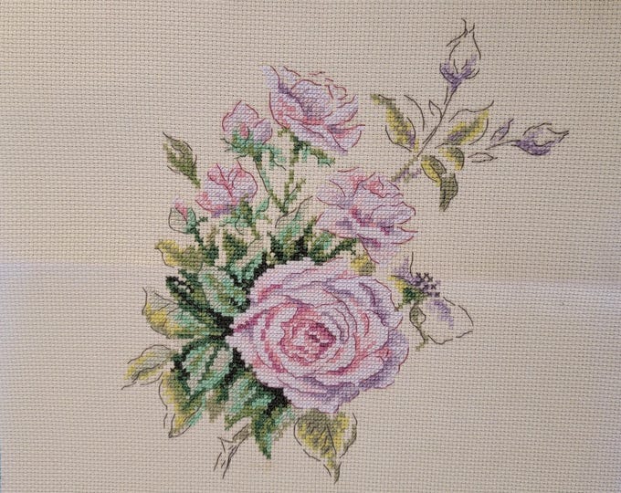 Pink Roses Unframed Hand Stitched Cross Stitch