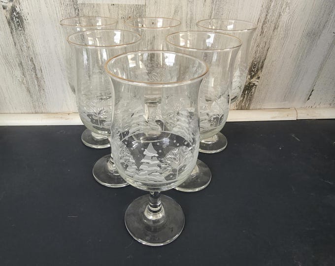 Set of 6 Libbey Arby Winter White Christmas Tree Goblets