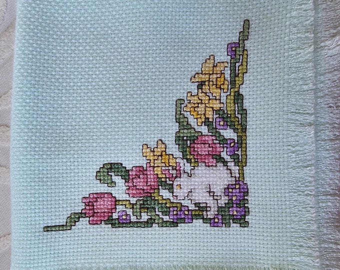 Handstitched Cross Stitch Bread Cover- Mint green with Bunny Design