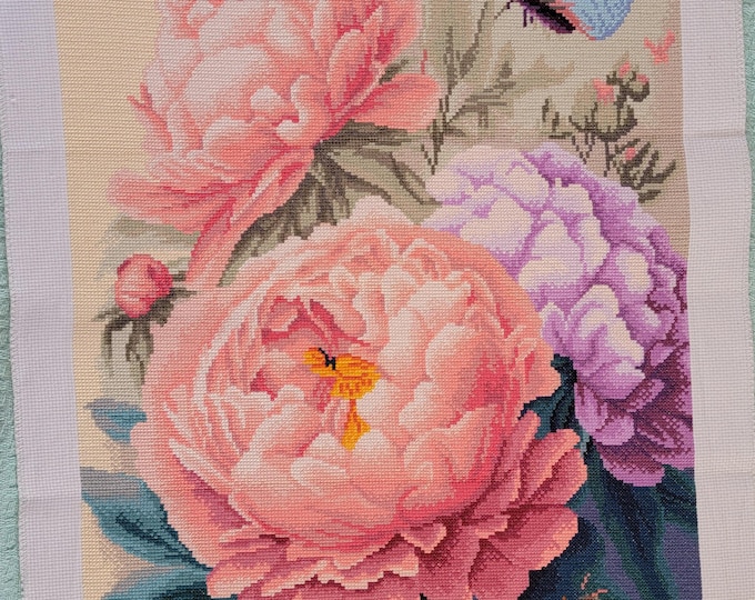 Finished Peonies and Butterfly Cross Stitch Piece