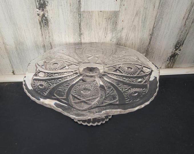Vintage Imperial Glass Daisy & Button Clear Cake Stand