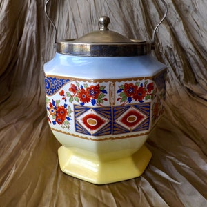 Chinoiserie Style English Biscuit Cookie Jar Colorful With Lid And Handle L & Sons Hanley EPNS 1800s