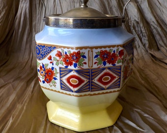 English Biscuit Cookie Jar Colorful Chinoiserie Style With Lid And Handle L & Sons Hanley EPNS 1800s