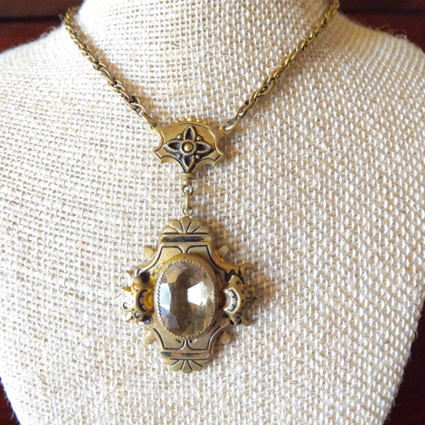 Edwardian Gold Necklace Citrine Stone Black Enamel_Swing Era Necklace_1940
