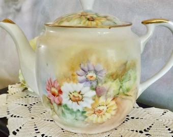 Hand Painted Yellow Floral Design Signed Kutani Teapot English Cottage Kitchen