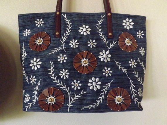 Vintage linen tote bag in faded roses with embroidered handles