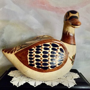 Mexican Folk Art Sandstone Pottery Duck Hand Painted TONALA FOLK ART Southwest Decor 11"