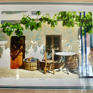 May include: A watercolor painting of a white building with a vine growing over it. There are two chairs and a table with a white tablecloth in front of the building. There are two wicker baskets on the ground.