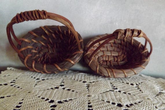 Miniature Pine Needle Baskets With Handle 3.5" Set Of 2 Easter Baskets Decor