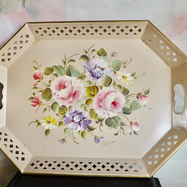 Vintage Sweet French Country Rectangular Beige Pink Floral Tole Tray 20" Artist Signed_English Cottage Tole Tray With Pink Purple Flowers