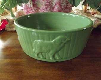 Large Vintage Green Crock Dog Dish Bowl Dog Designs Made By Roseville Rare Design By Robinson Ransbottom 10"