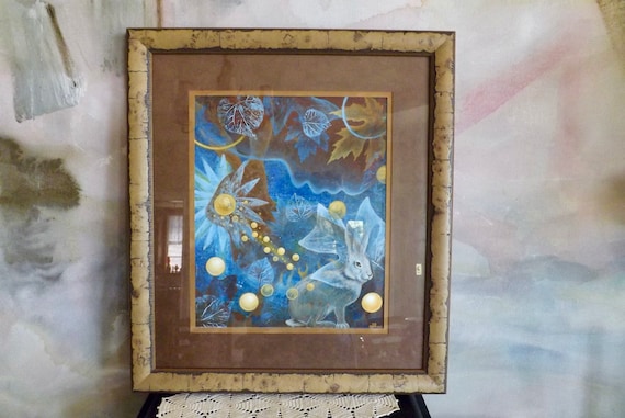 Framed Blue Woodland Bunny By JENNIFER BARRINEAU Naturalist Wall Art From Asheville NC 17X15