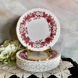 May include: A stack of white ceramic plates with a red floral design. The plates have a scalloped edge and are stacked on a white lace doily. A single plate is displayed on a gold stand. A green and white flower is in the background.