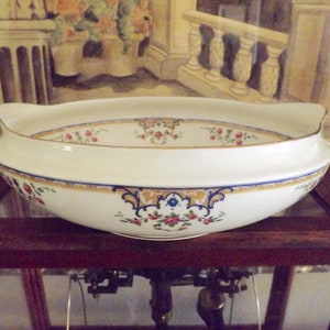 LIMOGES A Lanternier & Co. French Bowl Blue Gold Rose Trim Pink Roses French Cottage 11&quot;