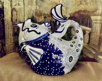 Pier 1 Blue And White Koi Fish Pitcher Teapot Seaside Kitchen Decor