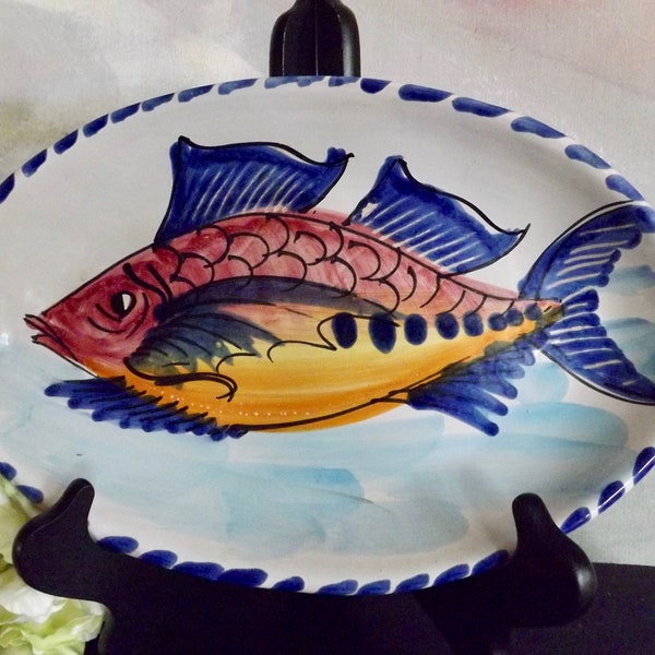Vintage Vietri Italian Pottery Al Mare The Sea Pattern Fish Plate Majolica Discontinued Pattern_Colorful Oval Fish Plate From Italy To Hang