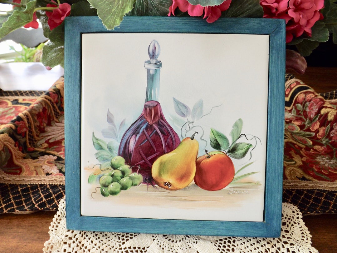 Italian Tile Trivet Artist Painted Fruit and Wine Carafe Tuscany ...