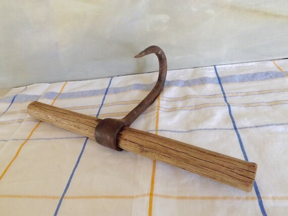 Primitive Hand Forged Iron Barn Hook On Wood Pole 1900 S Etsy