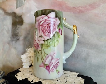 Porcelain Water Pitcher Elegant Hand Painted Large Pink Roses Green Leaves Gold Trim Signed Southern Living Decor 10"