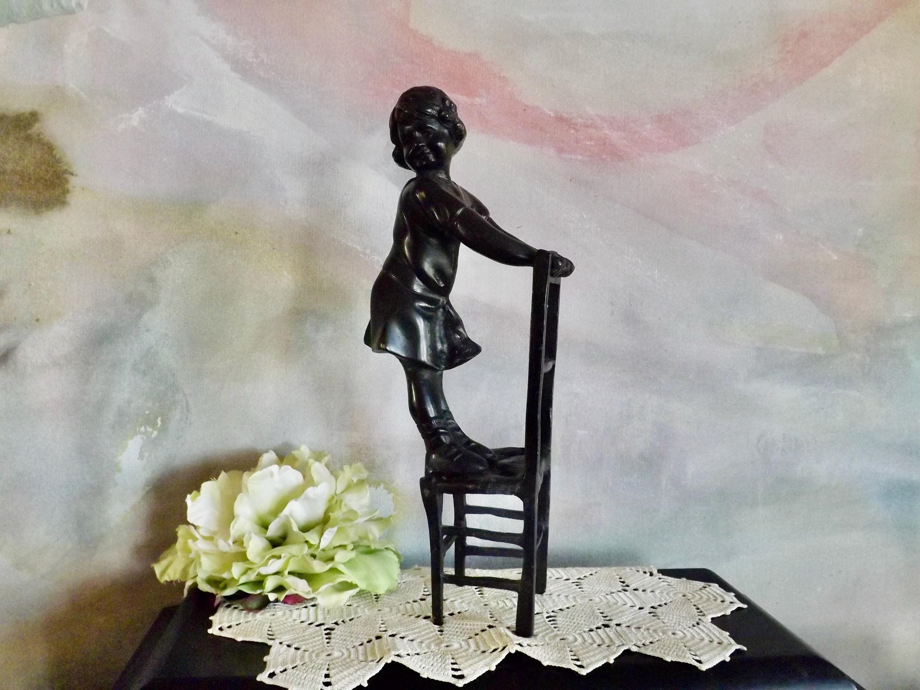 ANDREA BY SADEK Solid Bronze Sculpture Statue Adorable Carefree Young Girl Standing On A Chair 11"