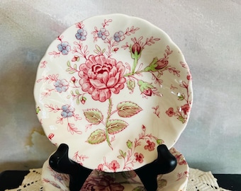 Puede incluir: Un platillo de cerámica redondo con borde festoneado, que presenta una base de color crema decorada con una gran rosa rosa central, hojas verdes y pequeños acentos florales azules y rosas en un delicado patrón botánico.