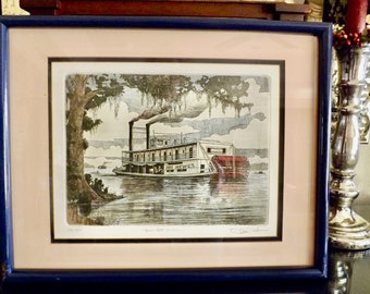 Original Glen P Weber Steamboat Sternwheeler Etching Titled Amy Hewes Down The River 164/200 Signed 19X15