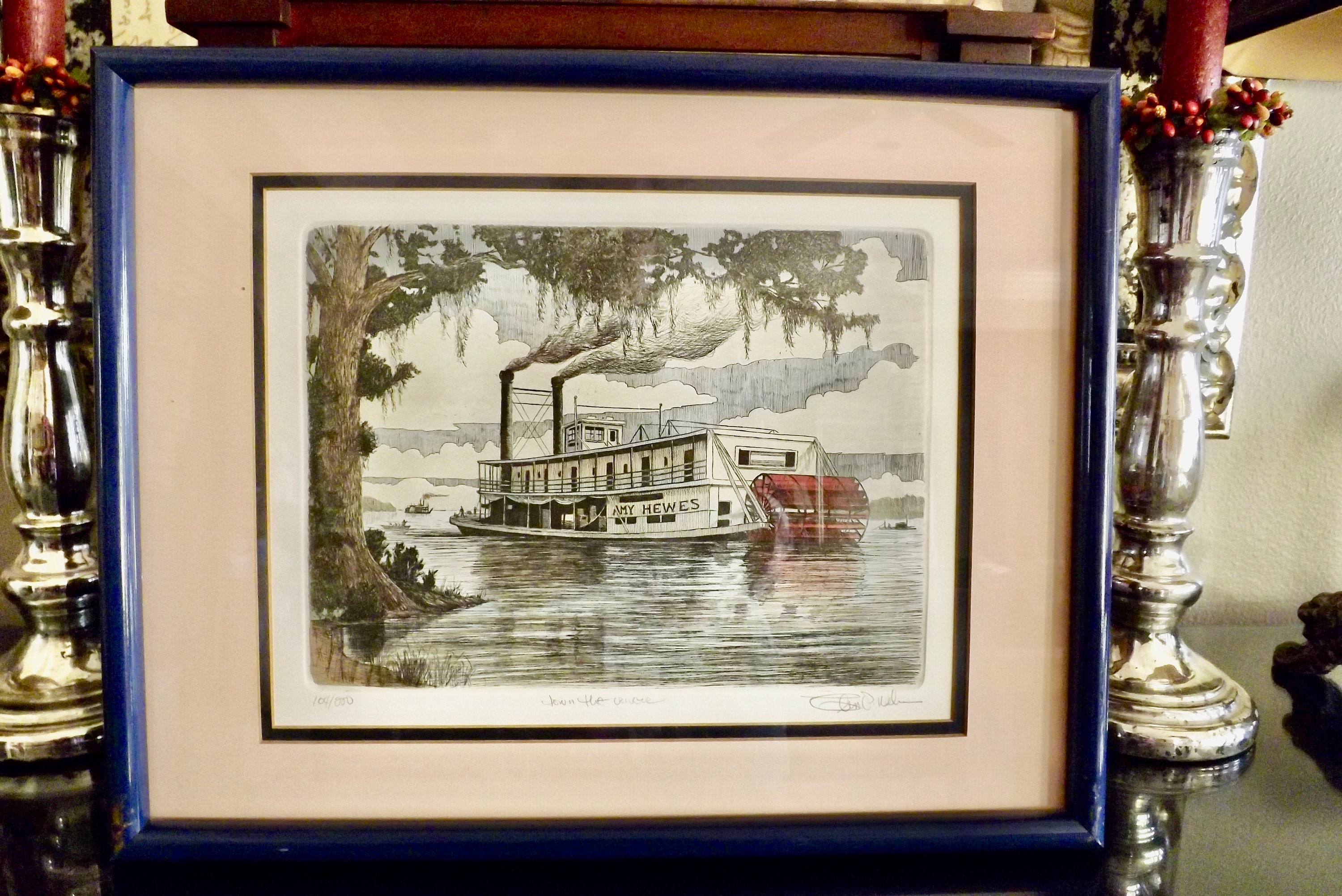 Glen P Weber Signed Etching: Steamboat 'amy Hewes' Framed Marine
