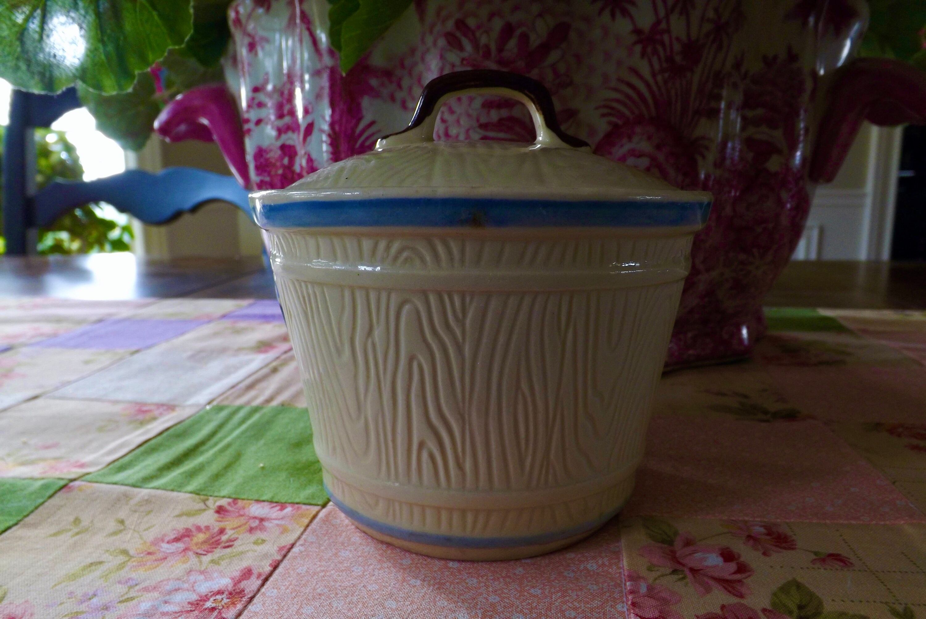 Green and Black French Butter Crock With Patterned Lid, Rustic