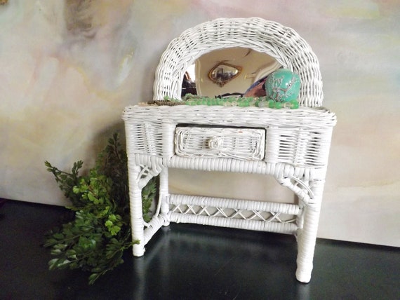 Doll Size White Wicker Vanity Table With Mirror Adorable Doll Size White Wicker Vanity Table, Vintage Wicker Vanity Set