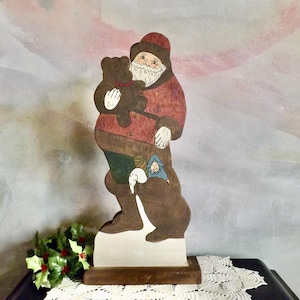 Folk Art Handmade Wooden Santa 12&quot; Holding Teddy Bear Farmhouse Country Cottage Christmas