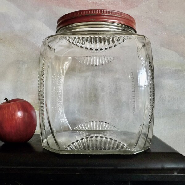 Clear Square Gallon Anchor Hocking Hoosier Cabinet Canister Jar With Red Lid Ribbed Sides Farmhouse Cottage Decor 8"