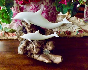 John Perry Mother & Baby Dolphin Art Sculpture on Teak Wood Driftwood